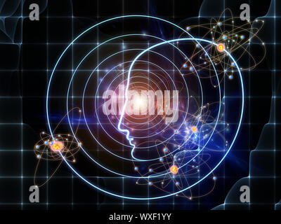 Intelligenz-Serie. Zusammensetzung des menschlichen Kopfes skizziert, Lichter und Fraktale Elemente geeignet als Kulisse für die Projekte der Intelligenz, Knowledg Stockfoto