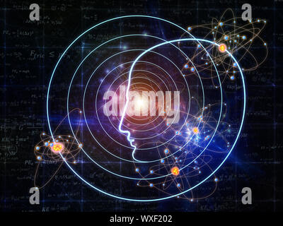 Intelligenz-Serie. Zusammensetzung des menschlichen Kopfes skizziert, Lichter und Fraktale Elemente zum Thema Intelligenz, Wissen, Bildung, Wissenschaft und Stockfoto