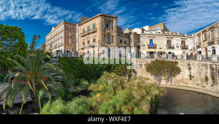 Der Brunnen von Arethusa in Ortigia, das historische Zentrum von Syrakus, Sizilien, Italien. Stockfoto