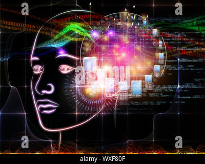 Intelligenz-Serie. Zusammenspiel von menschlichen Kopf skizziert, Lichter und Fraktale Elemente zum Thema Intelligenz, Wissen, Bildung, Wissenschaft und t Stockfoto