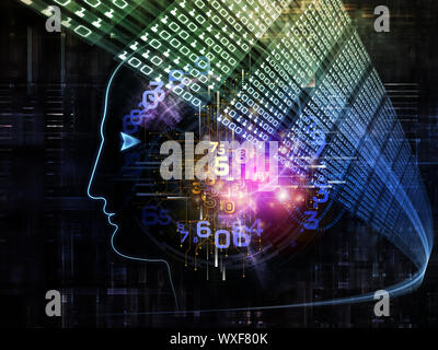 Intelligenz-Serie. Zusammensetzung des menschlichen Kopfes skizziert, Lichter und Fraktale Elemente zum Thema Intelligenz, Wissen, Bildung, Wissenschaft und Stockfoto