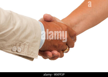 Eine Hand zwischen einem Mann und einer Frau. Auf weiß isoliert. Stockfoto