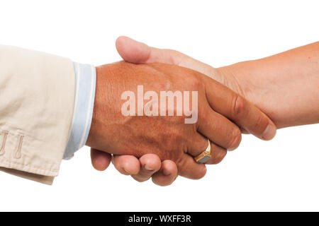 Eine Nahaufnahme einer Hand schütteln zwischen einem Mann und einer Frau. Auf weiß isoliert. Stockfoto