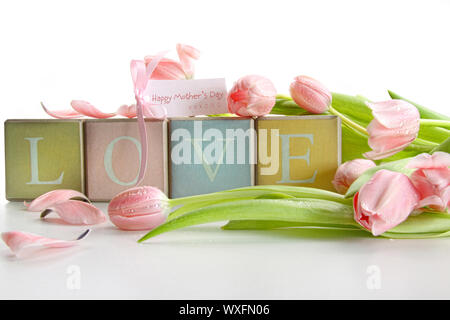 Farbige Blöcke mit Tulpen und Geschenkkarte auf weiß Stockfoto