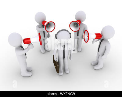 Vier 3d-unternehmer Schreien über Megaphone zu einem anderen, die trägt ein Headset Stockfoto