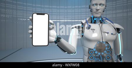 Humanoide Roboter Medical Assistant Smarthone Stockfoto