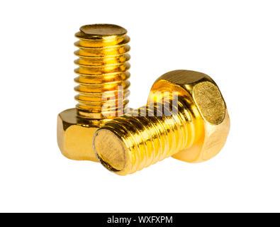 Zwei goldene Kopf Sechskantschraube isoliert auf weißem Hintergrund Stockfoto