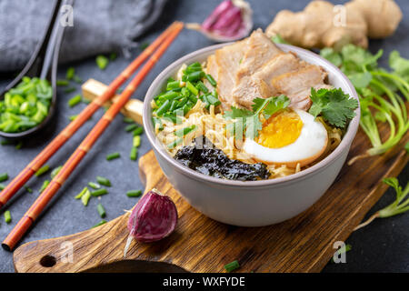 Würzige Suppe mit Nudeln und Fleisch im asiatischen Stil. Stockfoto