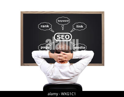 Geschäftsmann auf Tafel mit Seo-Regelung Stockfoto