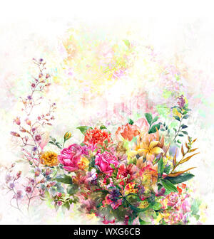 Aquarell von Blättern und Blumen auf weißem Hintergrund Stockfoto