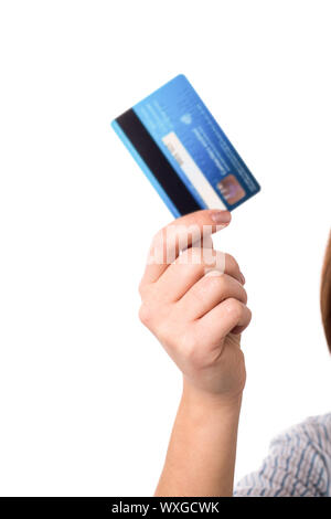 Nahaufnahme einer Frau Hand hochhalten einer Kreditkarte Stockfoto
