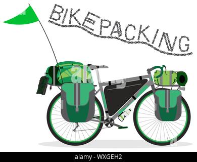Vector Abbildung: Tourenrad mit Taschen. Bikepacking Bike mit Camping und Reisen Gang auf weißem Hintergrund Stock Vektor