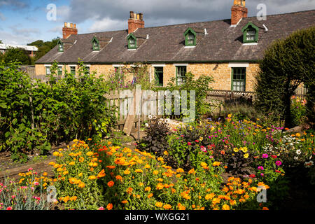 UK, County Durham, Beamish, Museum, Grube, Dorf, Francis Street, mit Blumen gefüllt Miner's Cottage Garten vorne Stockfoto