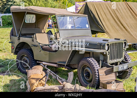 1940 Militär Jeep und Maschinengewehr auf der vierziger Jahre Wochenende im Holt Norfolk Stockfoto