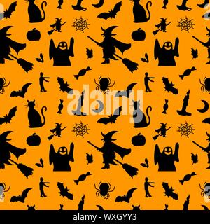 Pattern of different vector illustration silhouette for halloween. Icon of mummy, pumpkin, witch, ghost, zombie, bats, vampire, tomb and more cartoons Stock Vektor