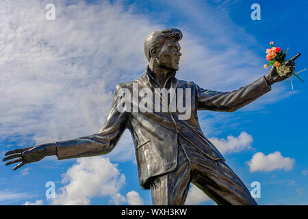 Eine Statue von Liverpool die eigene des Rock'n'Roll Legende Billy Fury, gelegen am Albert Dock, Foto: Brian Hickey/Alamy Stockfoto