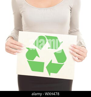 Recycling Frau, den Papierkorb Zeichen/Symbol auf Recyclingpapier. Auf weissem Hintergrund. Stockfoto