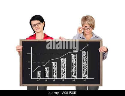 Zwei Geschäftsfrau, die eine Tafel mit Chart Stockfoto