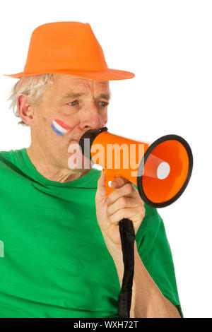 Niederländische Anhänger mit Megafon und orange Hut Stockfoto