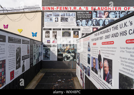 Die politischen Wandmalereien auf der unionistischen Seite von West Belfast. Aus einer Reihe von Reisen Fotos in Belfast. Foto Datum: Freitag, 6. September 2019. Foto: Roger Stockfoto