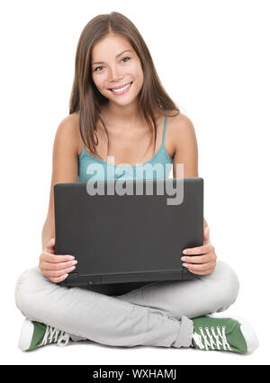 Frau Schüler sitzen mit Laptop isoliert Stockfoto