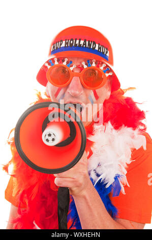 Niederländische Mann als Fußball-Anhänger mit Megaphon Stockfoto