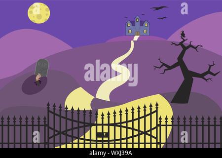 Vector Illustration von Halloween Hintergrund mit Haunted House, Grabstein, Mond und Hof. Stock Vektor