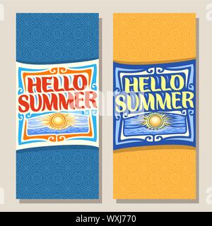 Vektor vertikale Banner für Sommersaison: 2 Layouts mit gelbem Hintergrund, Vorlagen mit Schriftzug in Rahmen - Hallo Sommer, Sommer Flyer mit Stock Vektor