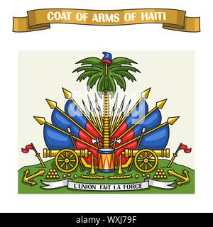 Vector Illustration auf Thema der haitianischen Wappen, heraldische Schild auf nationale Flaggen-Emblem von Haiti, auf Band Titel Text: Wappen der Stock Vektor