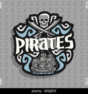 Vektor logo für Piraten: grau Schädel und gekreuzte Säbel und alte Segel schiff mit Jolly Roger Fahne auf Seile nahtlose Muster. Stock Vektor