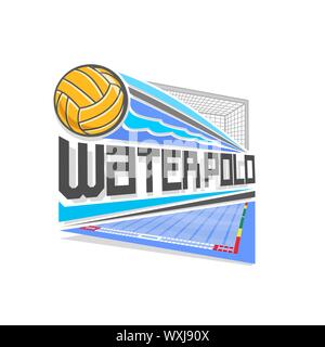 Vektor logo für Wasserball Spiel: geworfen gelb Wasserball Ball auf Flugbahn im Tor Tor mit Netz fliegen. Stock Vektor