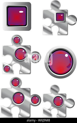 Sammlung von ausgefallenen Puzzle Glas suchen Web-Schaltflächen in rot und lila Stockfoto
