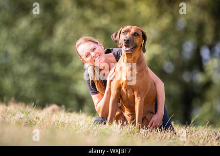 Rhodesian Ridgeback. Frau und ein erwachsener Hund sitzen auf einer Wiese. Deutschland Stockfoto