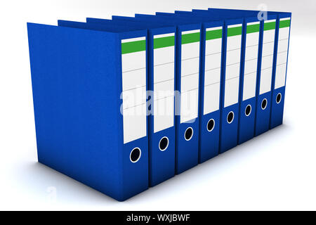 Blauer Ring Binder in einer Reihe auf weißem Hintergrund Stockfoto