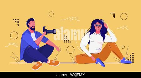 Professionelle männlichen Fotografen mit digitalen DSLR-Kamera schießen schönes Mädchen Model posiert für Foto Fashion Shooting Konzept voller Länge horizontal Stock Vektor