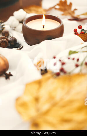 Hygge Lebensstil. Kerze, Beeren, fallen, Blätter, Kräuter, Eicheln, Nüsse und braunen Hut auf weißem Stoff. Herbstliche Stimmung. Hallo Herbst, gemütliche inspirierende Bild. Stockfoto