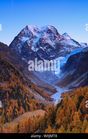 Der Berg Mont Collon (3637 m) im Herbst. Tal von Arolla, Wallis, Schweiz Stockfoto