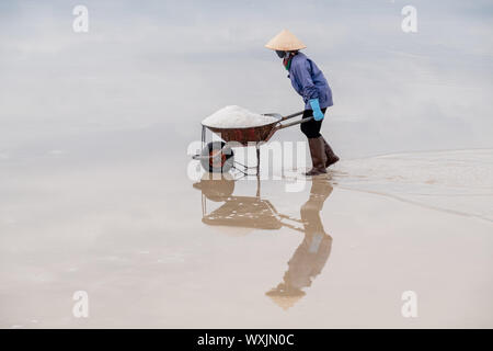 Salz Bauer Druck eine Schubkarre, gefüllt mit Salz, Nha Trang, Vietnam Stockfoto