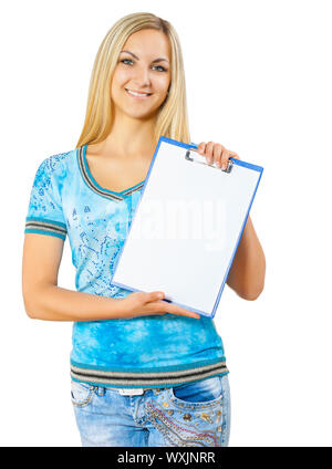 eine junge Frau Holding Zwischenablage Stockfoto