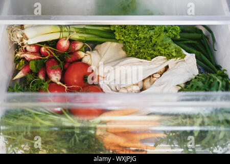 Null Abfall Lebensmittel im Kühlschrank. Frisches Gemüse in geöffneten Schublade im Kühlschrank. Kunststoff sich Karotten, Tomaten, Pilze, Radieschen, Salat, Rucola, Null Stockfoto