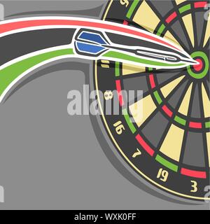 Vektor Plakat für Darts: Werfen Pfeil in Bullseye der Dartscheibe, Pfeil fliegen auf Kurvenbahn in Board auf grauem Hintergrund für Text. Stock Vektor