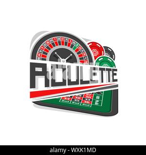 Vektor logo für Roulette spielen: Rad der Europäischen oder Französisches Roulette, bunte Chips, Text - Roulette spielen oben Tabelle für Glücksspiel. Stock Vektor