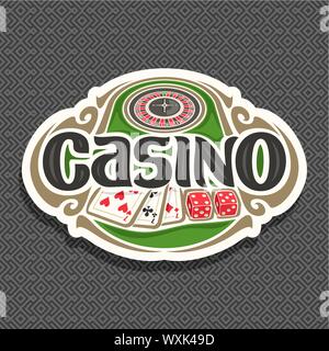 Vektor logo für Casino club auf grauem Hintergrund: Roulette Rad am grünen Tisch, Beschriftung - Kasino Kombination der Karten 3 Sieben für Blackjack, Stock Vektor