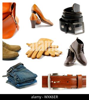 Sammlung Zeitgenössischer männlicher und weiblicher Kleidung, Schuhe und Accessoires isoliert auf weißem Hintergrund Stockfoto
