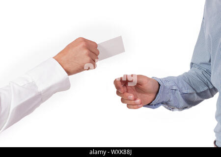 Hände und Business Card closeup isoliert Stockfoto