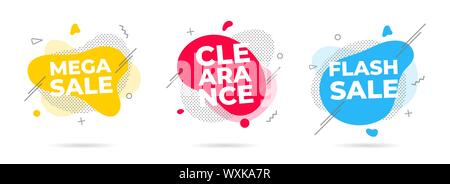 3 Moderne Flüssigkeit abstract Flash Sale, mega Verkauf, Abstand text Flat Style fluid Amöbe Color Vector Illustration Banner oder Flyer leflet ic eingestellt Stock Vektor