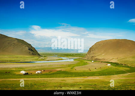 Mongolische Steppe mit Grünland, Jurten, Pferde und blauer Himmel mit weißen Wolken Stockfoto