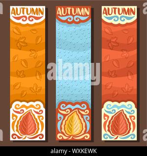 Vektor einrichten der vertikalen Banner für den Herbst Saison: 3 Layouts mit fallenden Blätter Hintergrund, Regen fallen Vorlagen mit Titel text-Herbst. Stock Vektor
