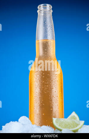 Mexikanisches Bier sitzen auf Eis über einen blauen Hintergrund. Stockfoto