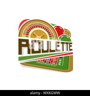 Vektor logo für Roulette spielen: Rad der Amerikanischen Roulette mit Doppelzero, bunte Chips, Text - Roulette spielen oben Tabelle für Glücksspiel. Stock Vektor